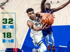 NBA常规赛雄鹿vs活塞,首节结束雄鹿领先活塞14分