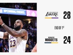 NBA常規(guī)賽湖人vs掘金，第一節(jié)結(jié)束湖人領(lǐng)先掘金4分