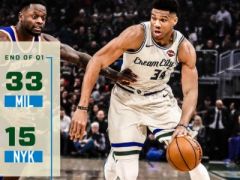  NBA常規(guī)賽尼克斯vs雄鹿，第一節(jié)結(jié)束雄鹿領(lǐng)先尼克斯18分