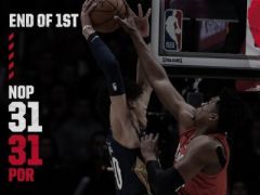 NBA常規(guī)賽鵜鶘vs開拓者，第一節(jié)結(jié)束雙方以31-31戰(zhàn)平