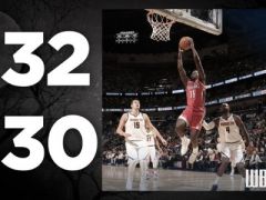 NBA常規(guī)賽掘金VS鵜鶘，第一節(jié)鵜鶘以32-30領(lǐng)先