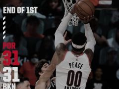 NBA常規(guī)賽籃網(wǎng)主場(chǎng)迎戰(zhàn)開拓者，首節(jié)結(jié)束籃網(wǎng)戰(zhàn)平對(duì)手
