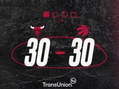 NBA常規(guī)賽猛龍vs公牛，第一節(jié)結(jié)束雙方以30-30戰(zhàn)平