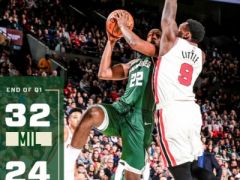 NBA常規(guī)賽雄鹿vs開拓者，首節(jié)結(jié)束雄鹿領(lǐng)先開拓者8分