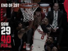 NBA常规赛勇士vs开拓者,第一节结束开拓者领先勇士11分