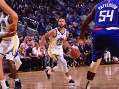 NBA常规赛勇士在新主场迎战快船,第一节勇士落后快船6分