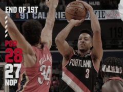 NBA常規(guī)賽開拓者vs鵜鶘，第一節(jié)結(jié)束開拓者領(lǐng)先鵜鶘1分