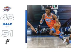 NBA常规赛：半场战罢，马刺51-43领先雷霆