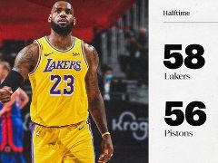 NBA常规赛：半场战罢，湖人58-56反超活塞！