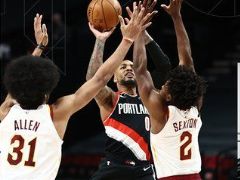 NBA常规赛：三节战罢，开拓者以100-77领先骑士23分