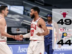 NBA常规赛：半场战罢，公牛以49-44暂时领先步行者5分