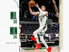 NBA常规赛：首节战罢，雄鹿以38-36领先森林狼