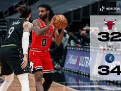 NBA常规赛：首节战罢，森林狼34-32领先公牛2分