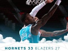 NBA常规赛：首节结束，黄蜂以33-27领先开拓者6分