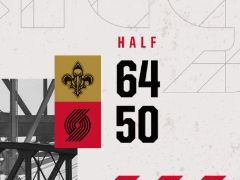 NBA常规赛：半场战罢，开拓者以50-64落后鹈鹕14分