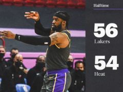 NBA常规赛：半场结束，湖人56-54领先热火2分