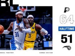 NBA常规赛：半场结束，步行者64-51领先魔术