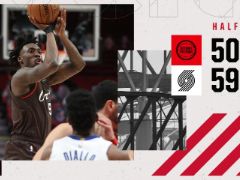 NBA常规赛：半场战罢，开拓者59-50领先活塞9分