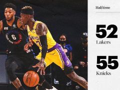 NBA常规赛：半场结束，尼克斯55-52领先湖人