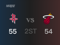 NBA常规赛：半场结束，火箭以55-54领先热火，沃尔14+3+4