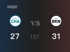 NBA常规赛：首节战罢，篮网以31- 27领先黄蜂，杜兰特10+2