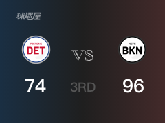 NBA常规赛：三节战罢，篮网以96- 74领先活塞，杜兰特23+5