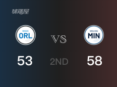 NBA常规赛：半场结束，森林狼以58-53领先魔术，唐斯14+7+3