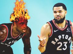 猛龙队明星弗雷德·范弗利特（Fred VanVleet）对OG Anunoby bing bonging尼克斯队的3字表情反应