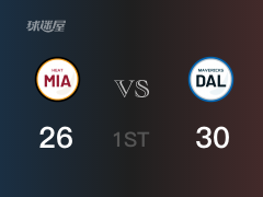 NBA常規(guī)賽 ：首節(jié)數(shù)據(jù)，獨行俠以30-26領(lǐng)先熱火，東契奇8分