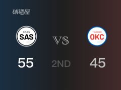 NBA常规赛：半场战罢，马刺以55-45领先雷霆，约翰逊12+3