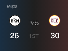 NBA常规赛：首节结束，骑士以30-26领先篮网，阿伦6+5