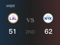 NBA常规赛 ：半场数据， 尼克斯以62-51领先湖人，兰德尔14+11+4