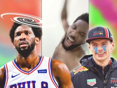 76人队无袖球星乔尔·埃姆比德（Joel Embiid）对马克斯·弗斯塔彭（Max Verstappen）和刘易斯·汉密尔顿（Lewis Hamilton）的F1绝技表现出奇