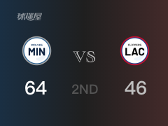 NBA常规赛：半场结束，森林狼以64-46领先快船，麦克丹尼尔斯13+2+2