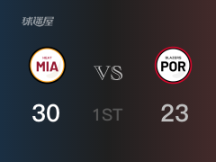 NBA常规赛：热火以30-23领先开拓者，结束首节