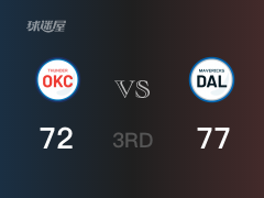 NBA常規(guī)賽：三節(jié)結(jié)束，獨(dú)行俠以77-72領(lǐng)先雷霆，史密斯15+6