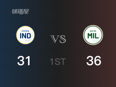 NBA常规赛 ：首节数据，雄鹿以36-31领先步行者，字母哥12+3