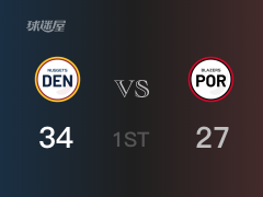 NBA常规赛:首节战罢,掘金以34- 27领先开拓者,格林7分