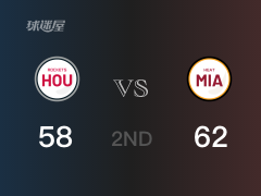 NBA常规赛：半场结束，热火以62-58领先火箭，希罗21+2