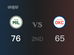 NBA常规赛 ：半场数据， 雄鹿以76-65领先雷霆，字母哥18+3+3