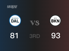 NBA常规赛:篮网以93-81领先独行侠,结束三节
