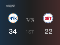 NBA常規(guī)賽：首節(jié)戰(zhàn)罷，尼克斯以34- 22領(lǐng)先活塞，伯克斯9+2