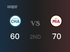 NBA常规赛 ：半场数据， 热火以70-60领先黄蜂，邓罗18分