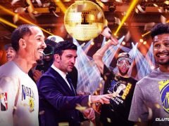 OG勇士队扎扎·帕丘利亚、肖恩·利文斯顿、莱安德罗·巴博萨与斯蒂芬·库里共同庆祝2022年NBA总冠军。