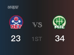 NBA常规赛：首节结束，雄鹿以34-23领先活塞，霍勒迪13+2+2