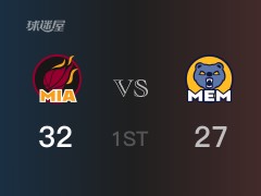NBA常规赛：首节结束，热火以32-27领先灰熊，K-马丁12分