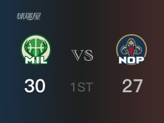 NBA常规赛：首节结束，雄鹿以32-27领先鹈鹕，字母哥8分3篮板