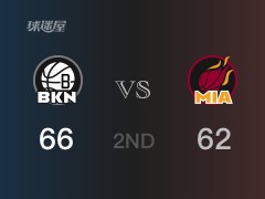 NBA常规赛:半场结束,篮网以66-62领先热火,欧文24分