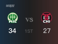 NBA常规赛 ：首节数据，雄鹿以34-27领先公牛，大洛15分4篮板