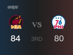 NBA常规赛：热火以84-80领先76人，结束三节